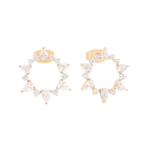 Gold Maureen O’Hara circle earrings adorned with sparkling CZ stones in a radiant sunburst design, finished with secure post backs.