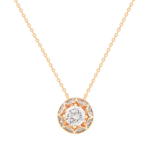 Gold Maureen O’Hara round-cut pendant necklace featuring a brilliant central CZ stone surrounded by smaller sparkling accents on a fine chain.