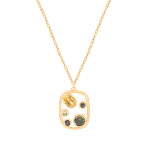 Gold Maureen O’Hara rectangular pendant necklace with multicoloured yellow and green cubic zirconia accents in an open frame design.