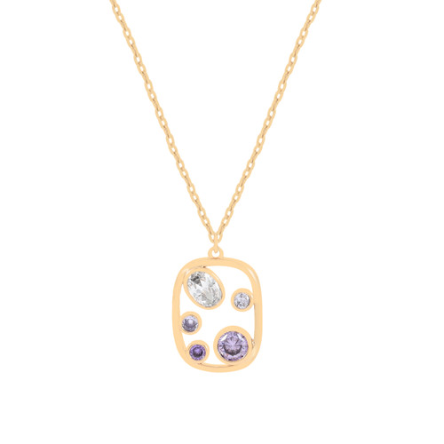 Gold Maureen O’Hara rectangular pendant necklace with purple and blue cubic zirconia stones in an open frame design.