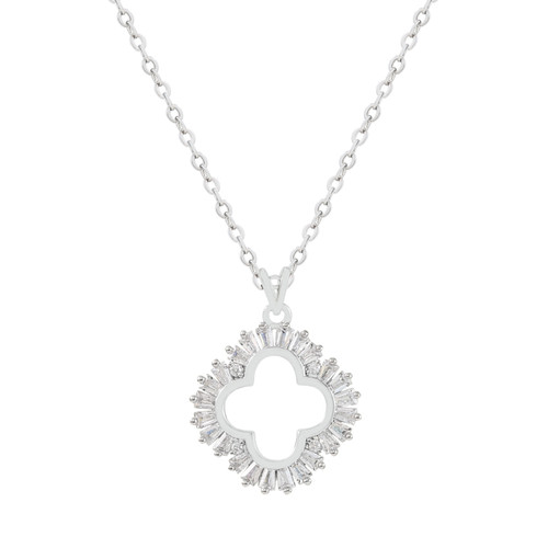 Silver Maureen O’Hara cutout flower pendant necklace with cubic zirconia surround on an adjustable chain.