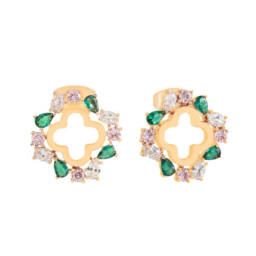 Gold Maureen O’Hara stud earrings with cutout flower design, emerald green, pink, and clear cubic zirconia accents.