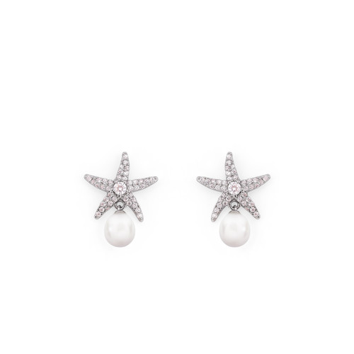 Tc Under The Sea - Pave Set Starfish & Pearl Earrings Silver