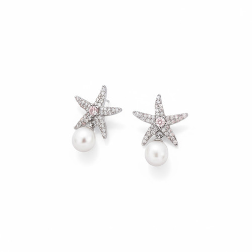 Tc Under The Sea - Pave Set Starfish & Pearl Earrings Silver