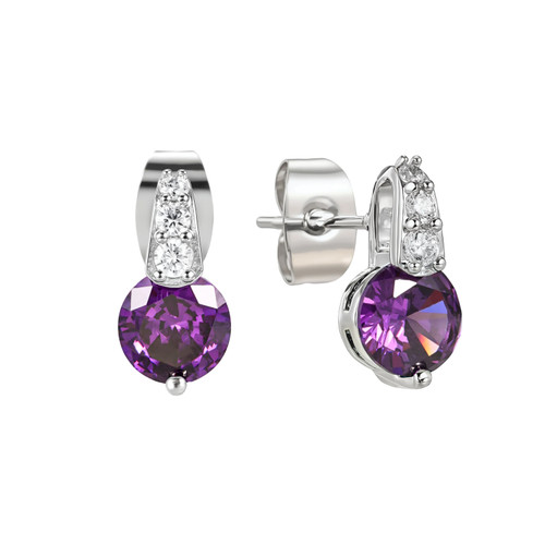 Silver Round Purple Stone W/Pave Bale Earrings