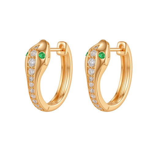 Tc Snake Pave Set Green Eye Huggie Earring Midi Gold
