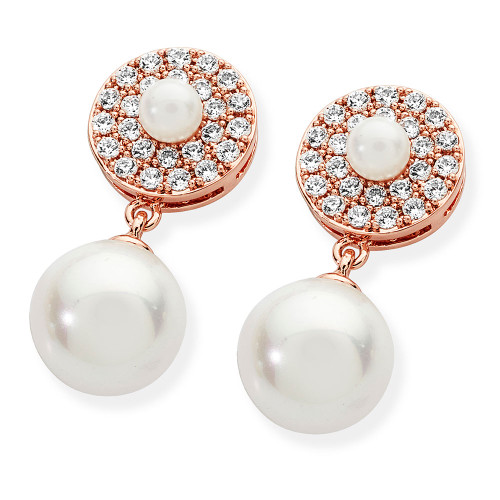 Rose Gold Pave Circle With Drop Pearl Earrings Rose Gold Pave Circle With Drop Pearl Earrings