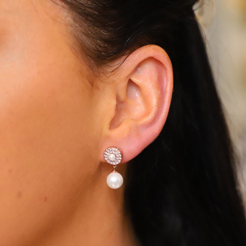 Rose Gold Pave Circle With Drop Pearl Earrings Rose Gold Pave Circle With Drop Pearl Earrings