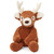 A soft, plush toy shaped like a deer. The deer is sitting upright and facing forward, with a brown body, white face, and large plush antlers.