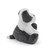 A soft, plush toy shaped like a black and white dog. The dog is sitting in a three-quarter profile, looking to the left. Its body is black with a white-tipped tail.