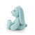 A soft, plush toy shaped like a blue bunny. The bunny is sitting in a three-quarter profile, looking to the right. Its long, floppy ears and small tail are visible.