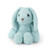 A soft, plush toy shaped like a blue bunny. The bunny is sitting and facing forward, with long floppy ears, a brown nose, and dark eyes.