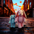A large pink plush bunny and a smaller blue plush bunny holding hands and walking together on a wet, cobblestone street with buildings and lights in the background.