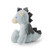 A soft, plush toy shaped like a blue-gray dragon. The dragon is sitting in a three-quarter profile, looking to the right. Its plush wings and ridged back are visible.