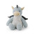 A soft, plush toy shaped like a blue-gray dragon. The dragon is sitting and facing forward, with light horns, small dark wings, and a ridged back. It has a stitched smile and bright blue eyes.