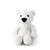 A soft, plush toy shaped like a white polar bear. The polar bear is sitting and facing forward, with a black nose and black eyes.