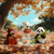 Three plush bears—a brown bear, a polar bear, and a panda—are having a picnic in a park in autumn, surrounded by fallen leaves. The polar bear is holding a football.