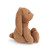 Side profile of a soft, chocolate brown plush bunny toy, sitting and showing its long, floppy ears.