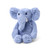 A soft, plush toy shaped like a blue elephant. The elephant is sitting, facing forward and to the left. It has a long trunk, small white tusks, and large floppy ears. It has dark eyes.