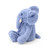 A soft, plush toy shaped like a blue elephant. The elephant is sitting upright and facing forward. It has a long trunk, small white tusks, large floppy ears, and dark eyes.