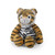 A soft, plush toy shaped like a tiger. The tiger is sitting upright, facing forward, with an orange body and black stripes. It has a white belly, a pink nose, and black eyes.