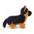 Side profile of a soft black and tan plush German Shepherd puppy toy, showing its markings and tail.