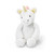  A soft white plush unicorn toy with a yellow horn and pink mane, sitting and facing forward.