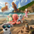 A group of plush toys, including a turtle, octopus, seal, mermaid, and two dogs, are on a sandy beach. One dog is wearing sunglasses.