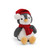 A soft, plush toy shaped like a penguin. The penguin has a gray and white body, a yellow beak, and black eyes. It is wearing a red knit hat with a white pom-pom and a red knit scarf. The toy is sitting upright against a white background.