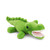 A front-facing plush crocodile toy with a green, segmented body, an open mouth with a pink interior, friendly black eyes, and white plush teeth.