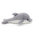 A side profile of the plush dolphin toy, showing its smooth grey body, dorsal fin, tail, and white belly, lying on a white background.