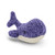 A front-angled view of a plush whale toy with shaggy purple fur on its back and fins, and a ribbed cream-colored belly, lying on a white background.