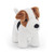 A front-facing plush Jack Russell dog toy with white fur, brown patches on its head, a black patch on its back, dark eyes, and a black nose, standing on a white background.