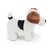 A side profile of the plush Jack Russell dog toy, showing its white body, brown patch on its ear, black patch on its side, and curled tail, standing on a white background.   Sources