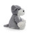 A side profile of the plush Schnauzer dog toy, showing its grey body, white belly and paws, and short tail, sitting on a white background.   Sources
