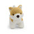 A front-facing plush Pomeranian dog toy with a tan body, white muzzle and paws, perky ears, dark eyes, and a black nose, standing on a white background.