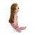 A side view of the plush mermaid doll, showing her braided brown hair, pink top, and pink tail, sitting with a gentle lean.