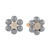 Gold stud earrings with daisy-shaped grey pearl petals and a crystal-encrusted center.