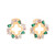 Gold Maureen O’Hara stud earrings with cutout flower design, emerald green, pink, and clear cubic zirconia accents.