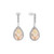 Silver Maureen O’Hara pear-shaped drop earrings with soft blush-pink stones surrounded by a halo of sparkling cubic zirconia.