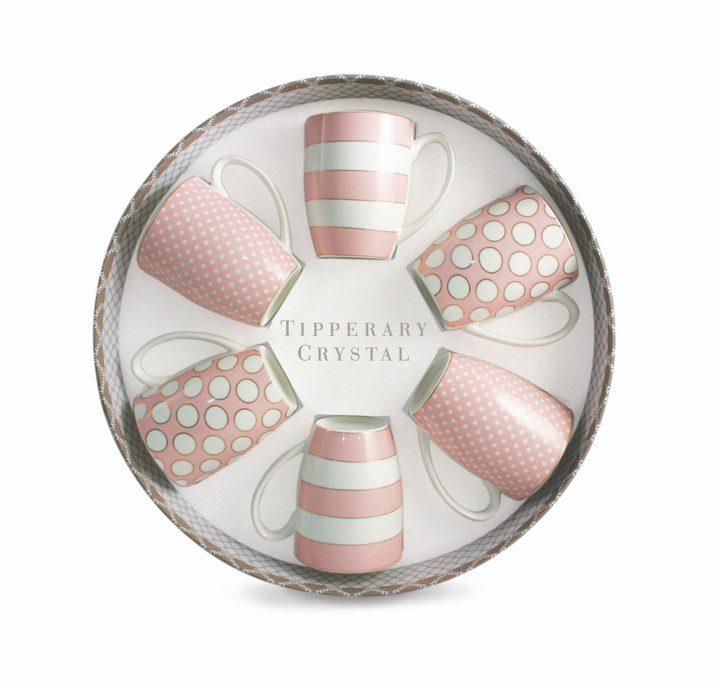 Set 6 Bone China Mugs - Spots & Stripes - Pink