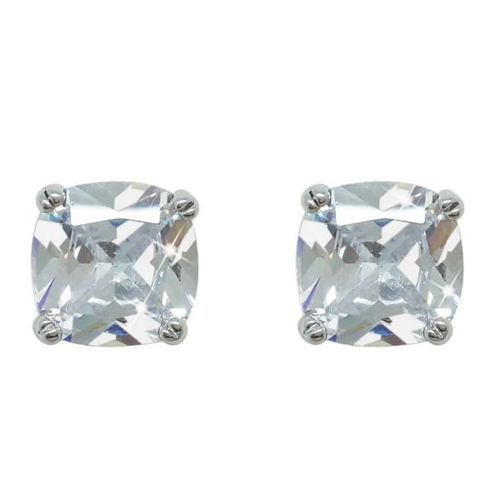 Silver Square Earrings With Clear Stone