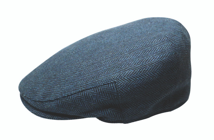 THE QUIET MAN BLUE HERRINGBONE WOOL FLAT CAP