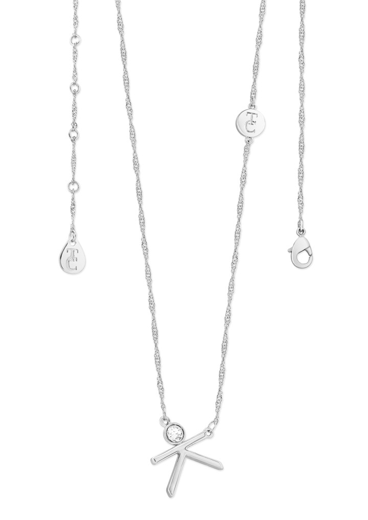 Crafted in sleek polished silver, each unique letter is adorned with a sparkling bezel set clear CZ adding a touch of glamour to these eye-catching pendants. Each letter is positioned at an angle creating a contemporary look. They are suspended from a beautiful shimmering Singapore chain and secure safely with a lobster claw clasp.