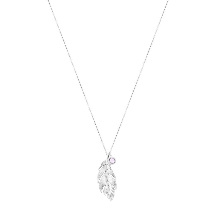 LONG ADJ SILVER FEATHER PENDANT & VIOLET CZ CHARM LONG ADJ SILVER FEATHER PENDANT & VIOLET CZ CHARM