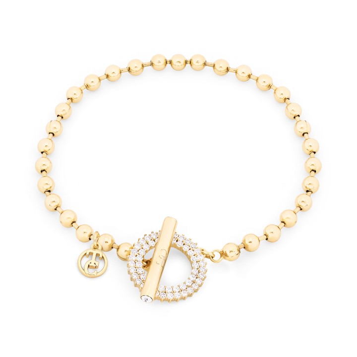 T-BAR GOLD BRACELET BALL CHAIN CIRCLE CZ'S