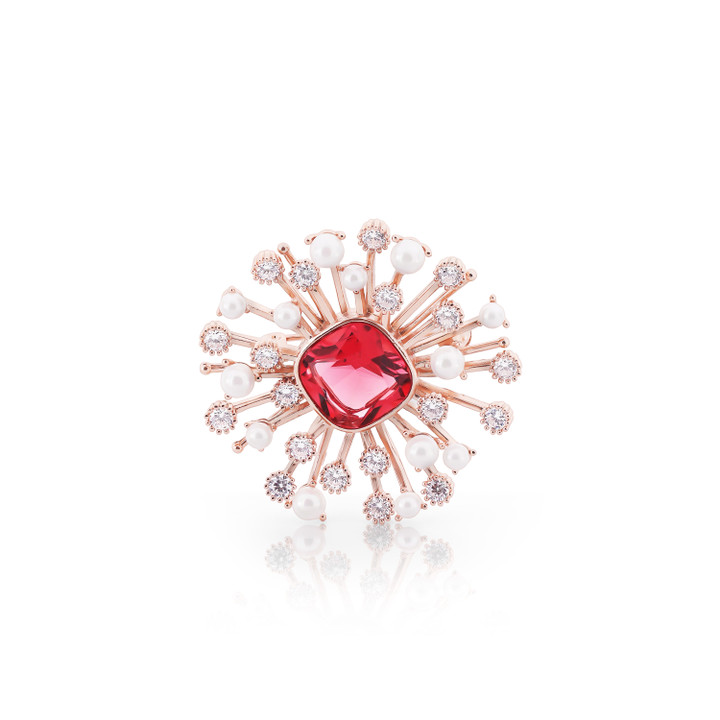 TIPPERARY RUBY WITH PEARL & CZ BURST BROOCH