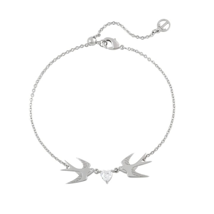 TC Swallow Bracelet 2 Swallows and Heart CZ - Silver