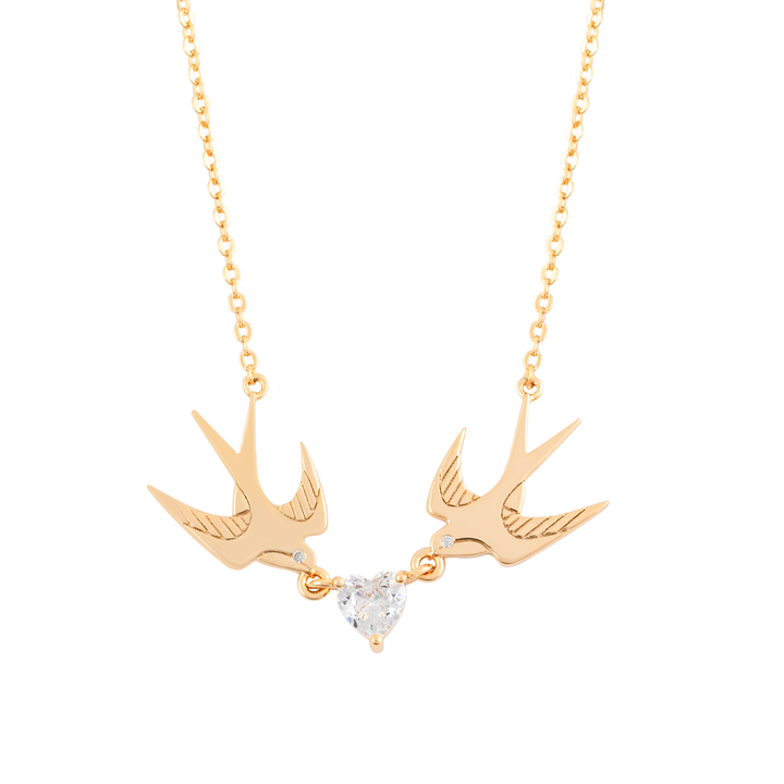 TC Swallow Pendant 2 Swallows and Heart CZ - Gold TC Swallow Pendant 2 Swallows and Heart CZ - Gold