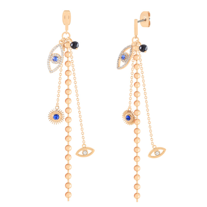 Gold Evil Eye Drop Earrings with multi-charm design, sapphire-blue accents, and pavé detail – jewellery product thumbnail on white background